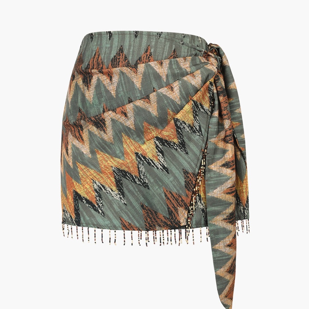 Printed Knot Mini Skirt with Beaded Hem